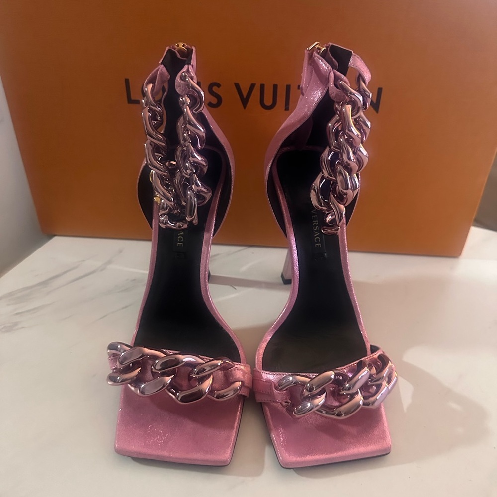 Versace Metallic Pink Chain Heels